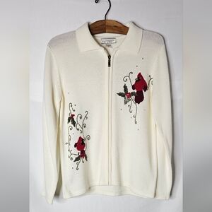 Allison Daley S Zip Cardigan Cream Sweater Red Embroidered Cardinals Rhinestones